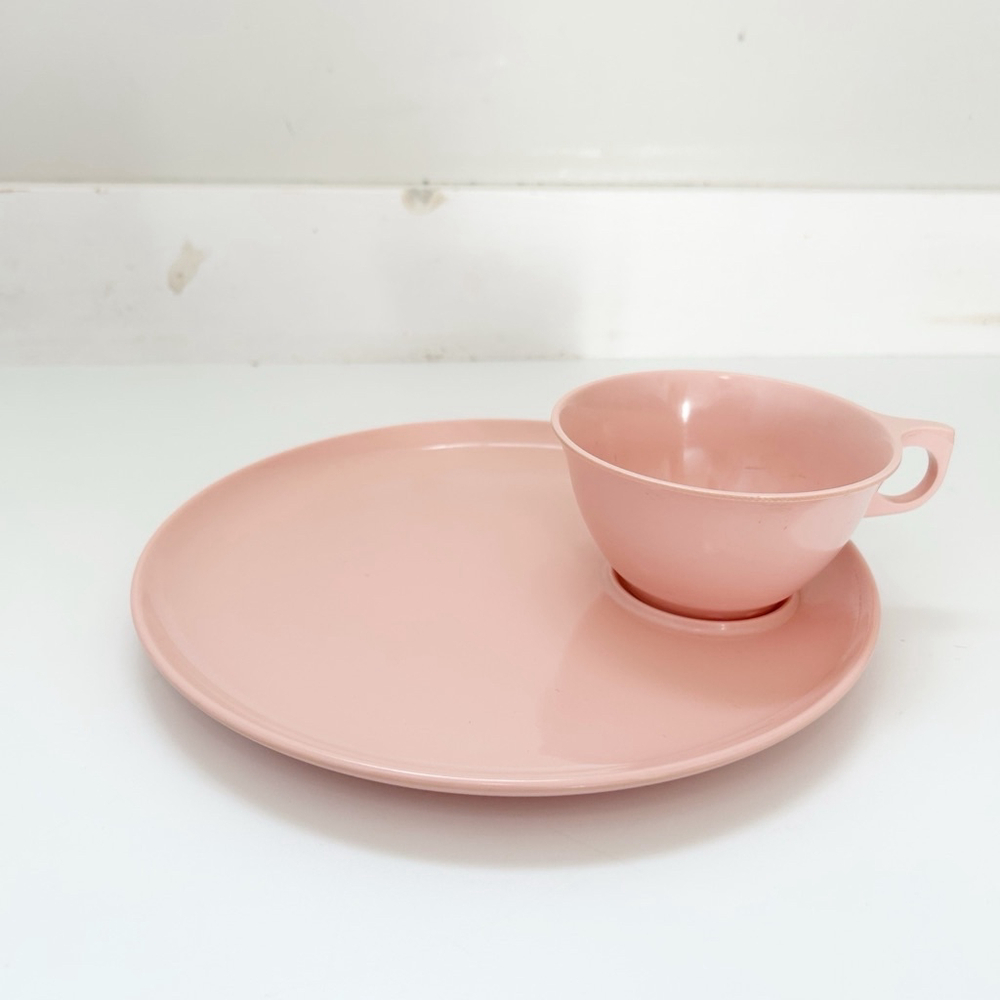 Vintage Pastel Pink Melmac Tea Cup and Plate Set Mid-Century Modern Retro